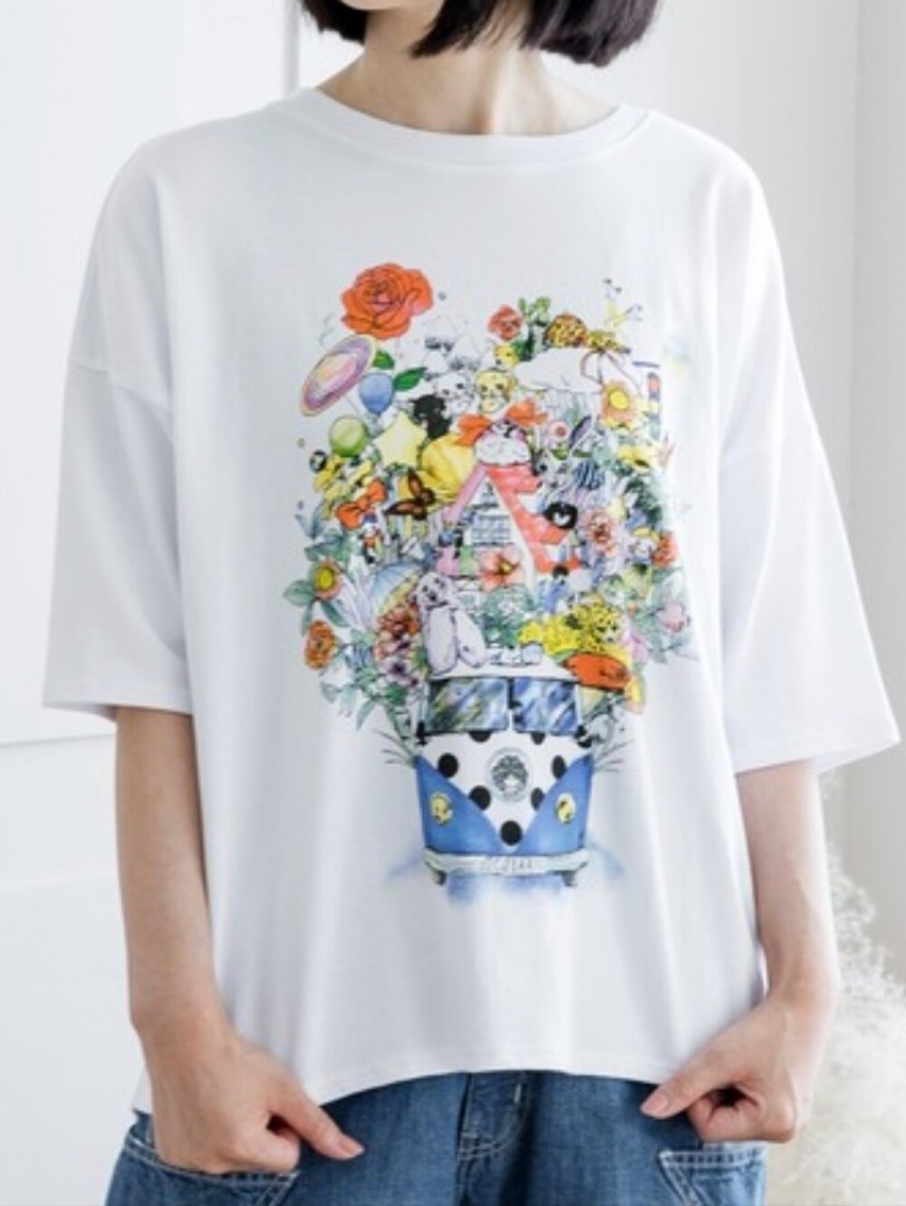 SCOLAR White Animal And Floral Graphic Tee With 3/4 Sleeve
